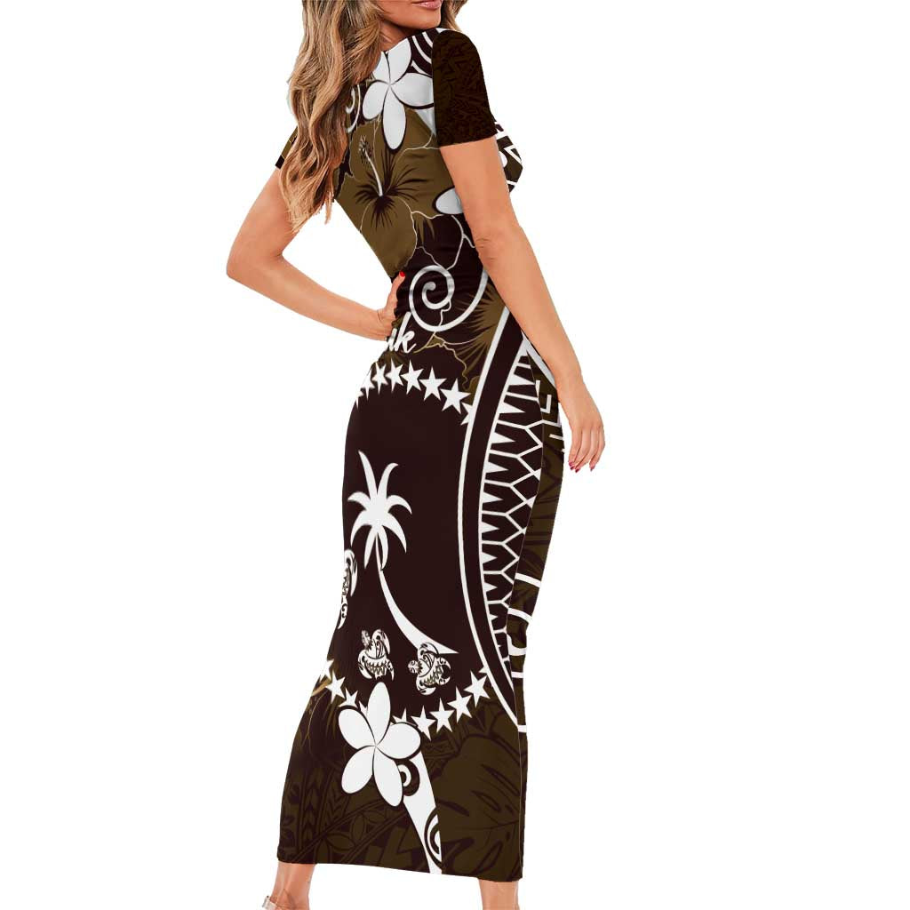 FSM Chuuk Family Matching Short Sleeve Bodycon Dress and Hawaiian Shirt Turtle Tropical Flowers Polynesian - Brown LT14 - Polynesian Pride