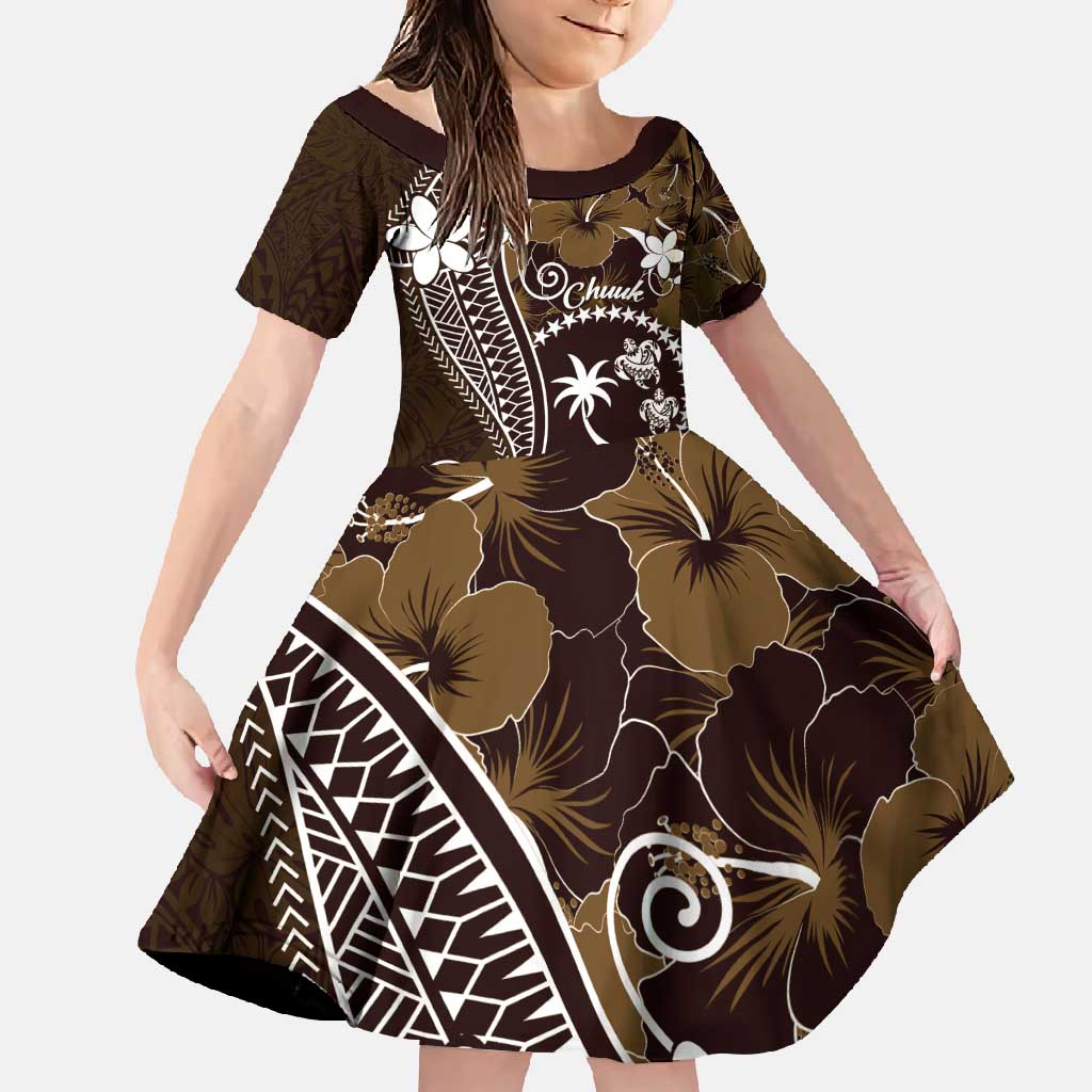 FSM Chuuk Family Matching Summer Maxi Dress and Hawaiian Shirt Turtle Tropical Flowers Polynesian - Brown LT14 Daughter's Dress Brown - Polynesian Pride