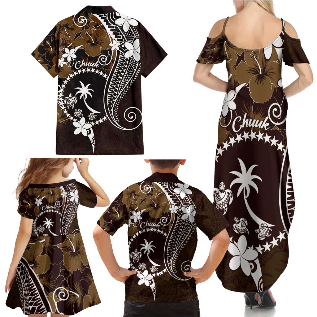 FSM Chuuk Family Matching Summer Maxi Dress and Hawaiian Shirt Turtle Tropical Flowers Polynesian - Brown LT14 - Polynesian Pride