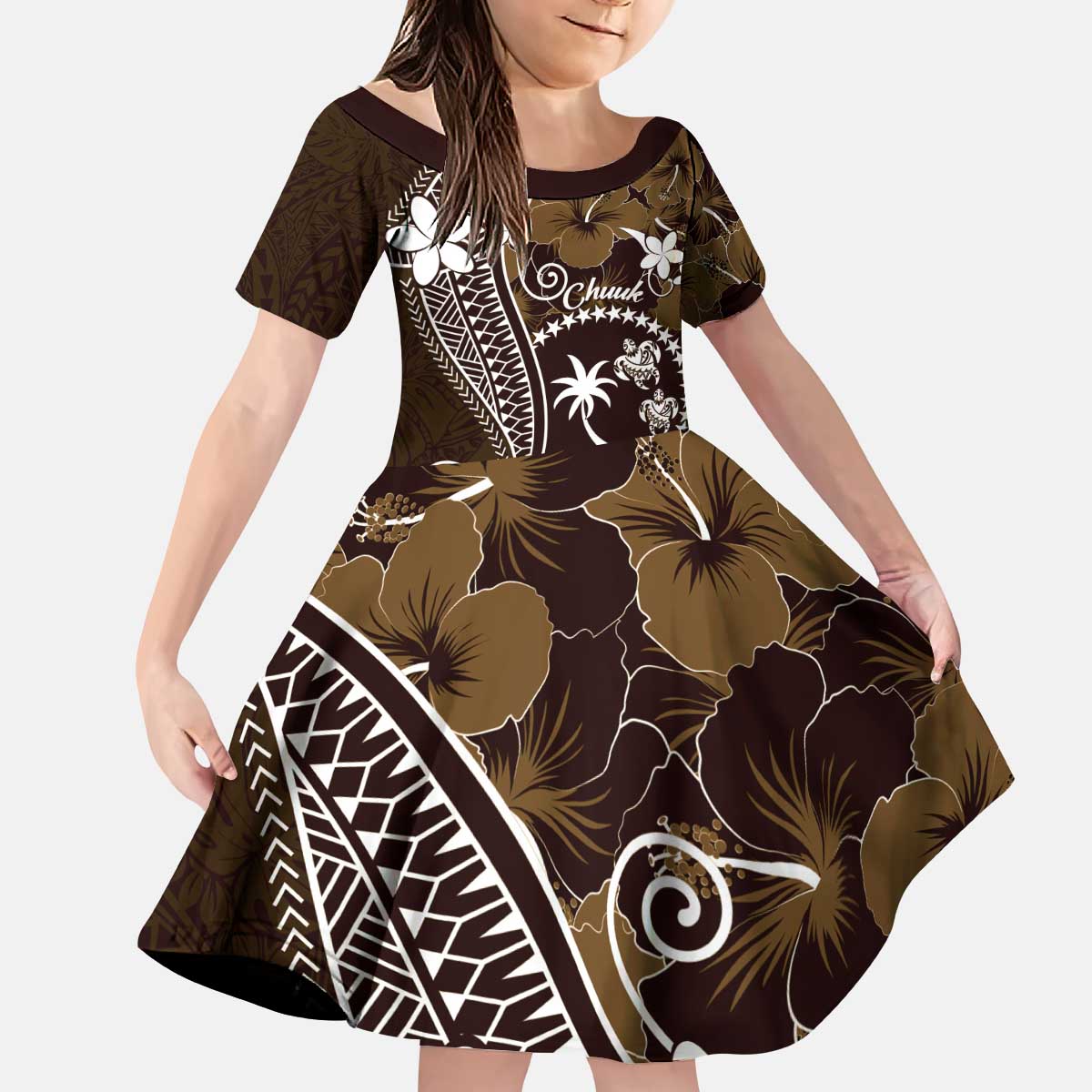 FSM Chuuk Kid Short Sleeve Dress Turtle Tropical Flowers Polynesian - Brown LT14 KID Brown - Polynesian Pride