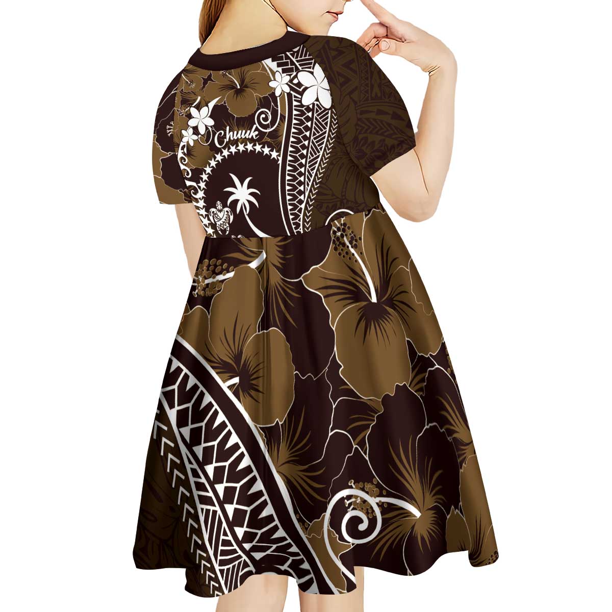 FSM Chuuk Kid Short Sleeve Dress Turtle Tropical Flowers Polynesian - Brown LT14 - Polynesian Pride