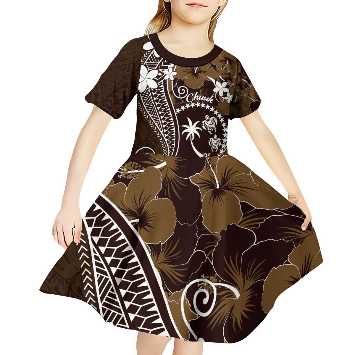 FSM Chuuk Kid Short Sleeve Dress Turtle Tropical Flowers Polynesian - Brown LT14 - Polynesian Pride