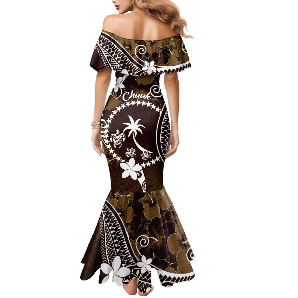FSM Chuuk Mermaid Dress Turtle Tropical Flowers Polynesian - Brown