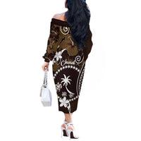 FSM Chuuk Off The Shoulder Long Sleeve Dress Turtle Tropical Flowers Polynesian - Brown LT14 - Polynesian Pride