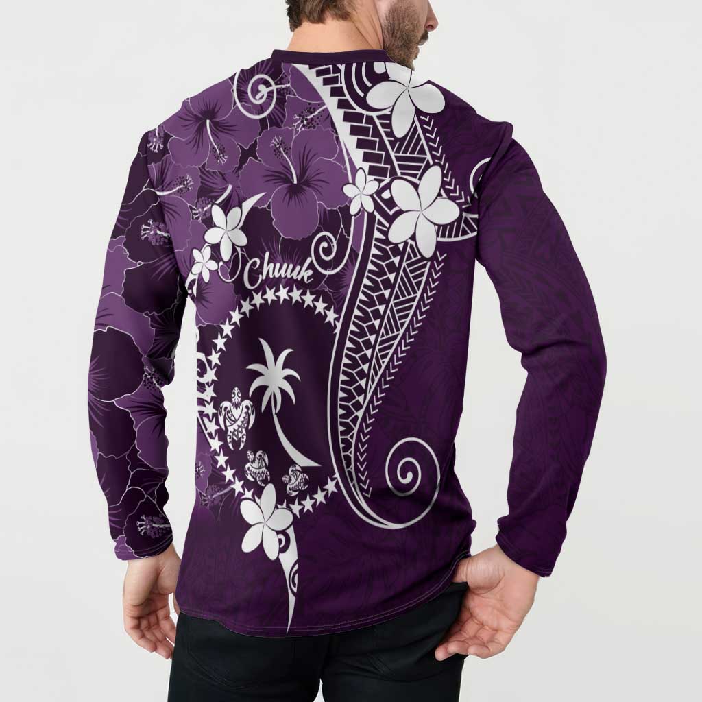 FSM Chuuk Button Sweatshirt Turtle Tropical Flowers Polynesian - Purple LT14 - Polynesian Pride