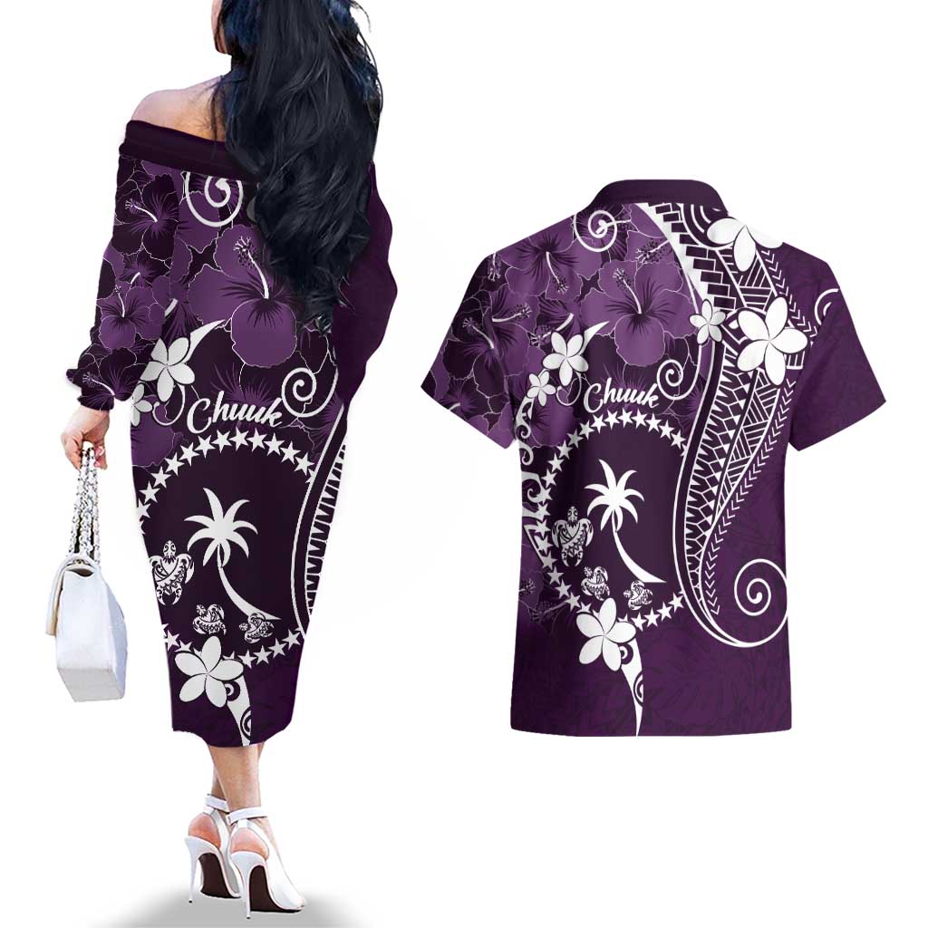 FSM Chuuk Couples Matching Off The Shoulder Long Sleeve Dress and Hawaiian Shirt Turtle Tropical Flowers Polynesian - Purple LT14 - Polynesian Pride