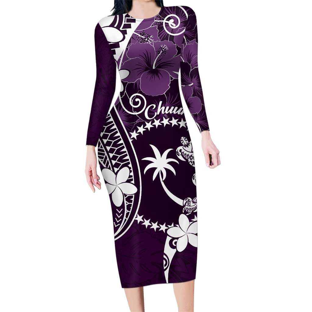 FSM Chuuk Family Matching Long Sleeve Bodycon Dress and Hawaiian Shirt Turtle Tropical Flowers Polynesian - Purple LT14 Mom's Dress Purple - Polynesian Pride