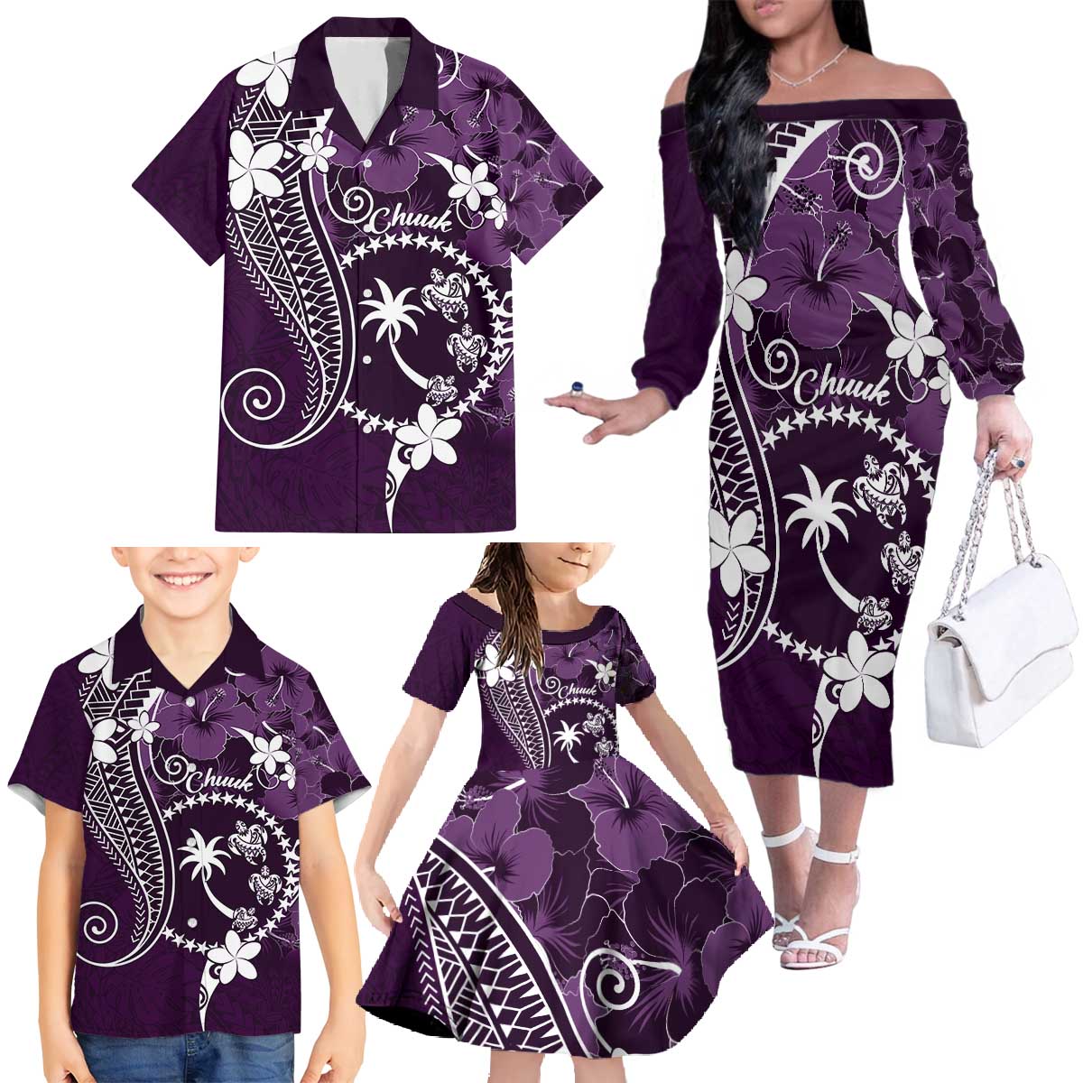 FSM Chuuk Family Matching Off The Shoulder Long Sleeve Dress and Hawaiian Shirt Turtle Tropical Flowers Polynesian - Purple LT14 - Polynesian Pride