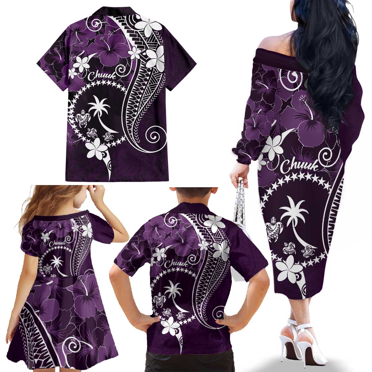 FSM Chuuk Family Matching Off The Shoulder Long Sleeve Dress and Hawaiian Shirt Turtle Tropical Flowers Polynesian - Purple LT14 - Polynesian Pride