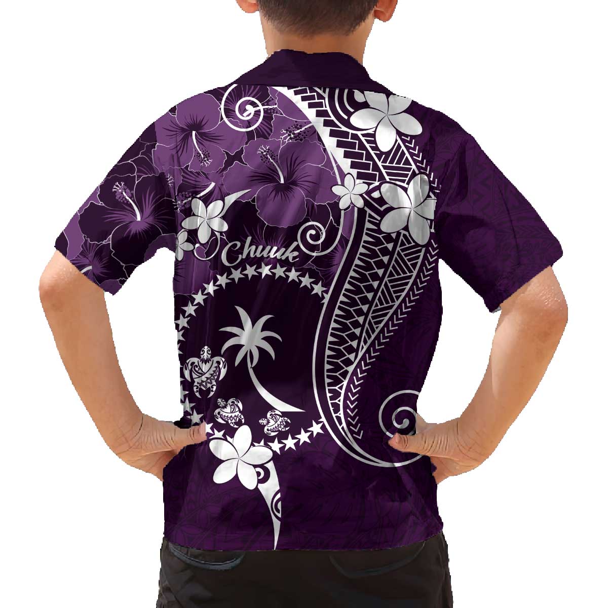 FSM Chuuk Family Matching Off Shoulder Short Dress and Hawaiian Shirt Turtle Tropical Flowers Polynesian - Purple LT14 - Polynesian Pride