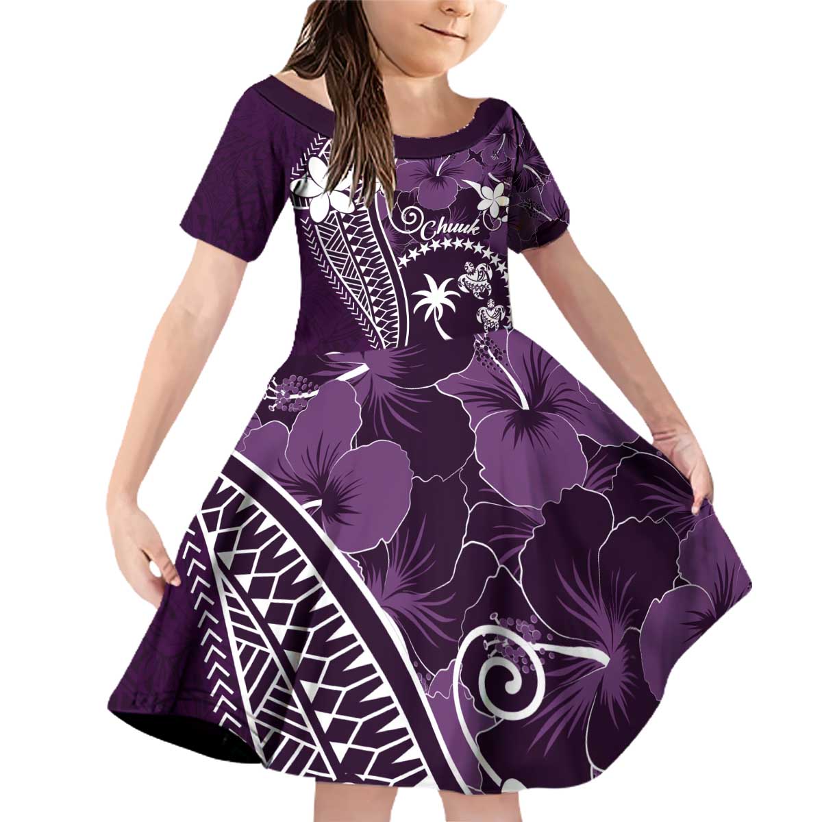 FSM Chuuk Family Matching Off Shoulder Short Dress and Hawaiian Shirt Turtle Tropical Flowers Polynesian - Purple LT14 Daughter's Dress Purple - Polynesian Pride