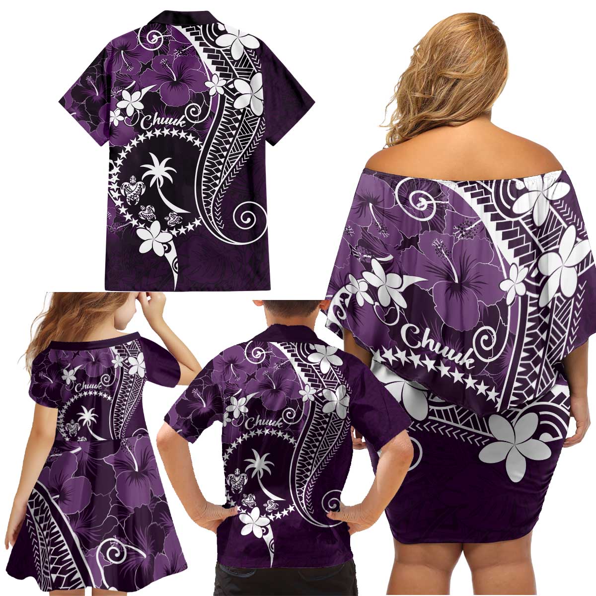 FSM Chuuk Family Matching Off Shoulder Short Dress and Hawaiian Shirt Turtle Tropical Flowers Polynesian - Purple LT14 - Polynesian Pride