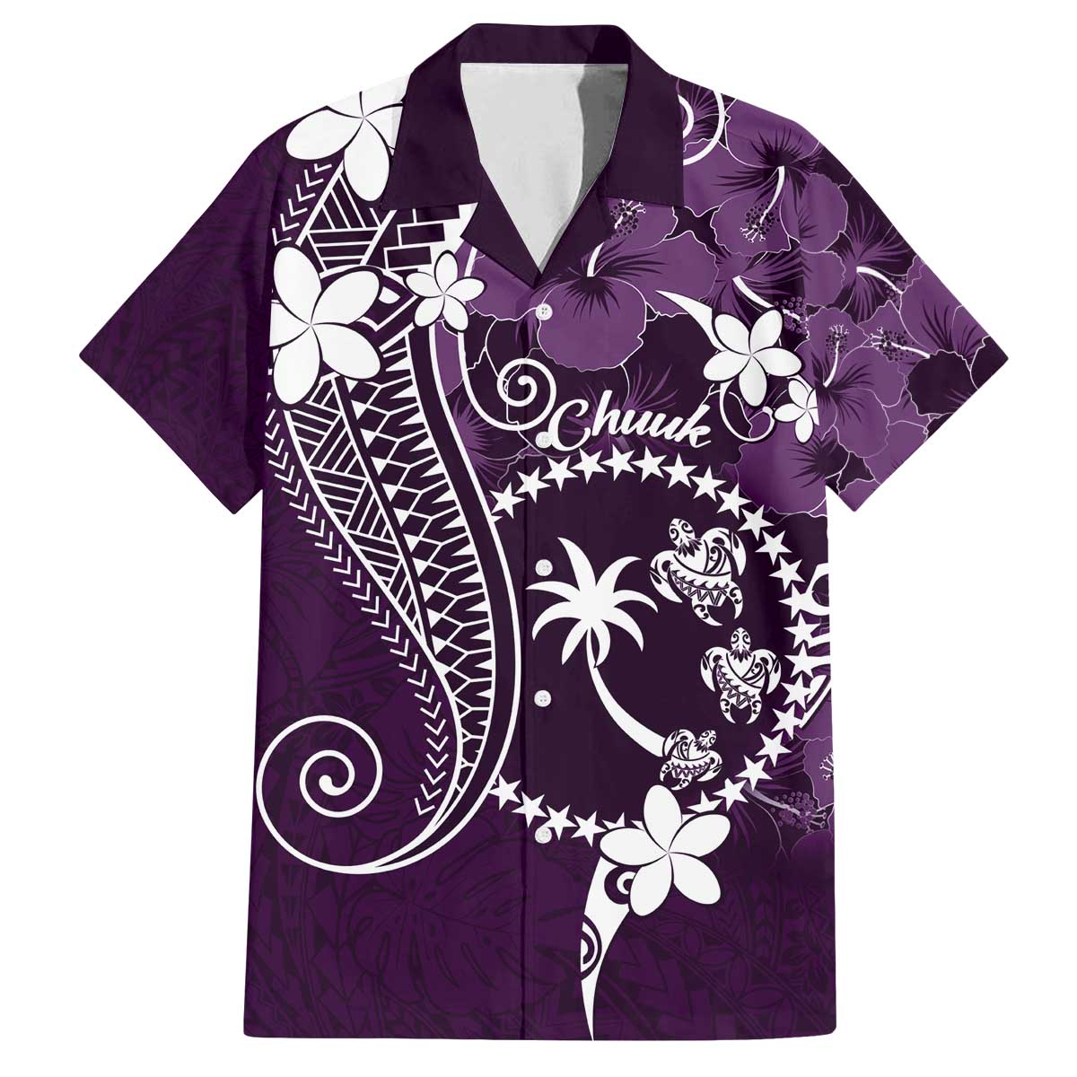 FSM Chuuk Family Matching Off Shoulder Short Dress and Hawaiian Shirt Turtle Tropical Flowers Polynesian - Purple LT14 Dad's Shirt - Short Sleeve Purple - Polynesian Pride