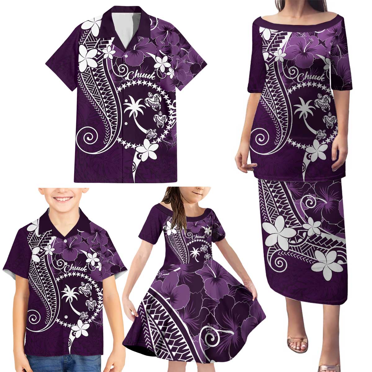 FSM Chuuk Family Matching Puletasi and Hawaiian Shirt Turtle Tropical Flowers Polynesian - Purple LT14 - Polynesian Pride