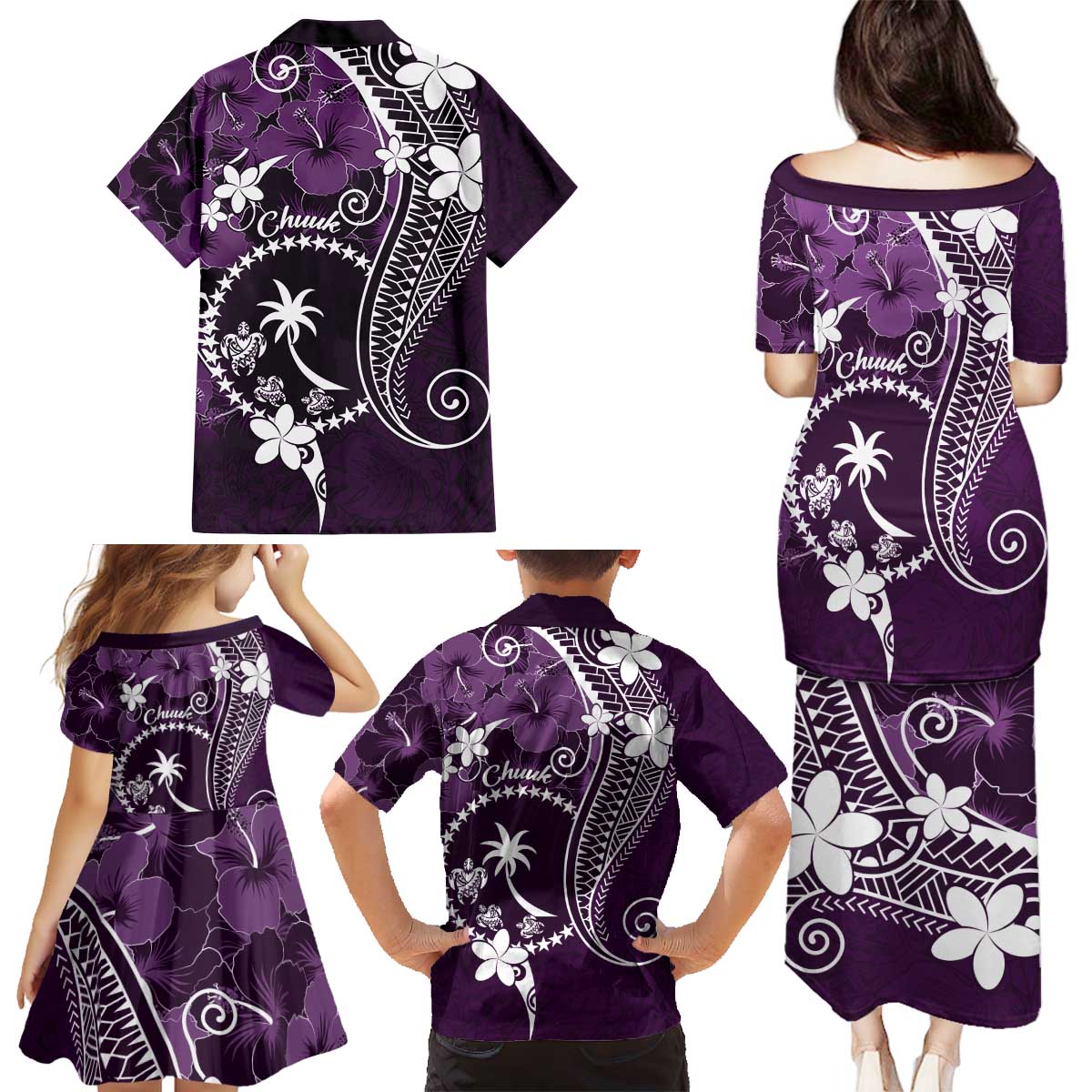 FSM Chuuk Family Matching Puletasi and Hawaiian Shirt Turtle Tropical Flowers Polynesian - Purple LT14 - Polynesian Pride