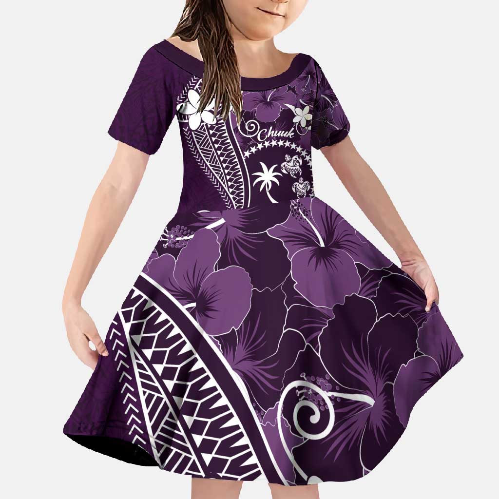 FSM Chuuk Family Matching Short Sleeve Bodycon Dress and Hawaiian Shirt Turtle Tropical Flowers Polynesian - Purple LT14 Daughter's Dress Purple - Polynesian Pride