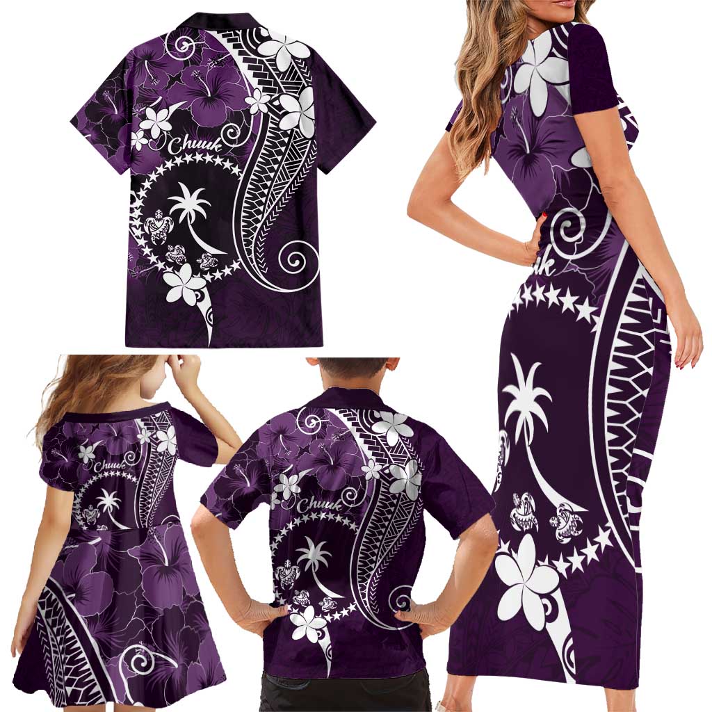 FSM Chuuk Family Matching Short Sleeve Bodycon Dress and Hawaiian Shirt Turtle Tropical Flowers Polynesian - Purple LT14 - Polynesian Pride