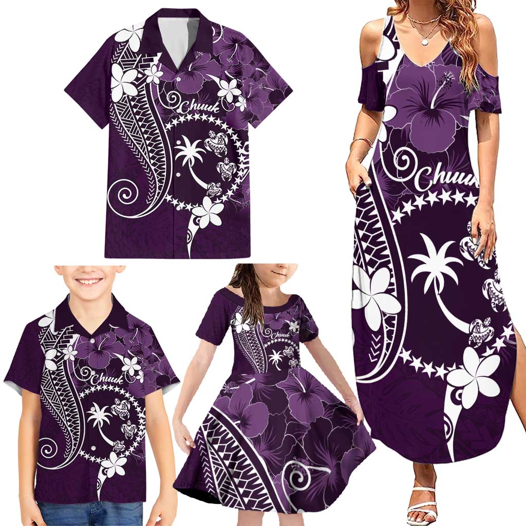 FSM Chuuk Family Matching Summer Maxi Dress and Hawaiian Shirt Turtle Tropical Flowers Polynesian - Purple LT14 - Polynesian Pride