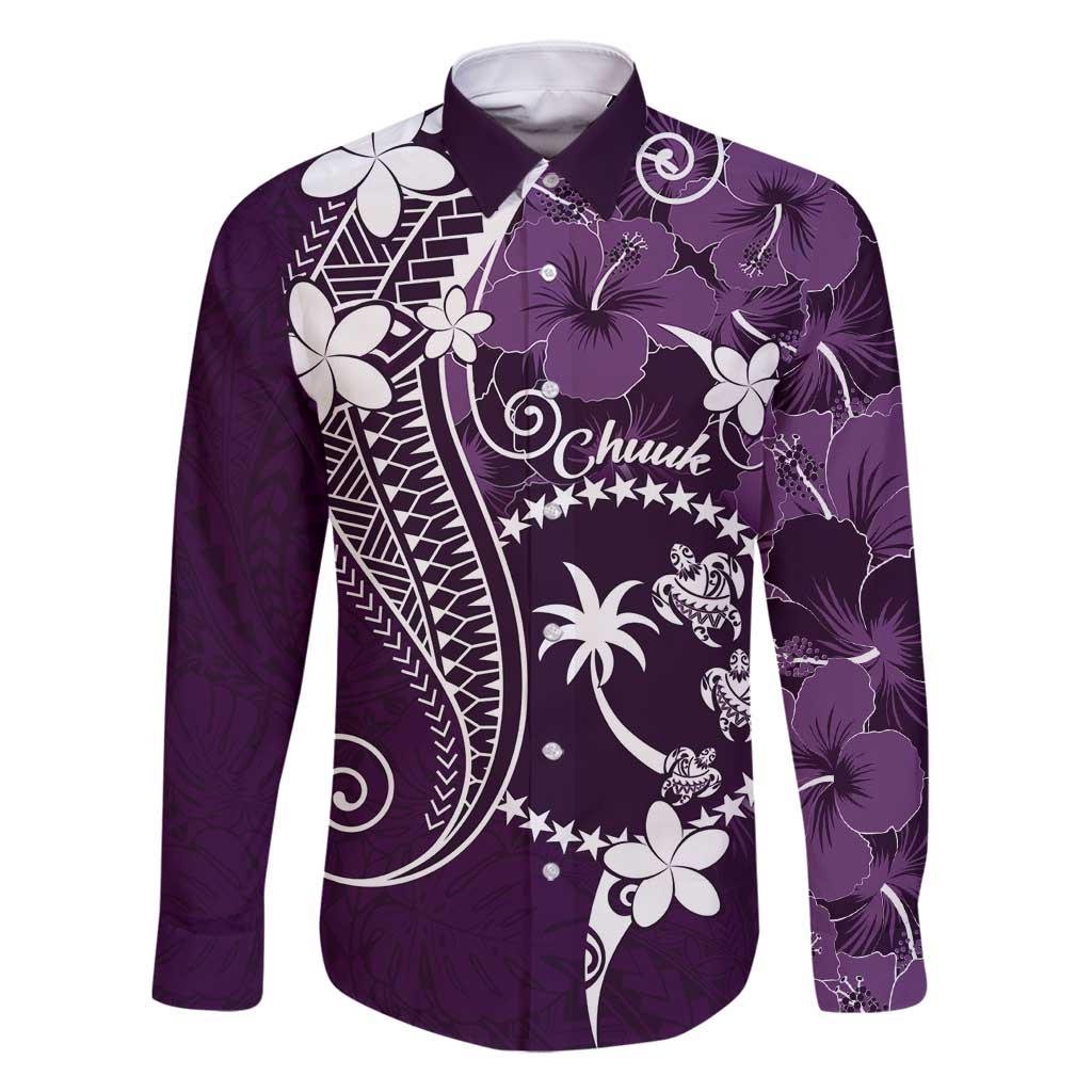 FSM Chuuk Family Matching Summer Maxi Dress and Hawaiian Shirt Turtle Tropical Flowers Polynesian - Purple LT14 Dad's Shirt - Long Sleeve Purple - Polynesian Pride