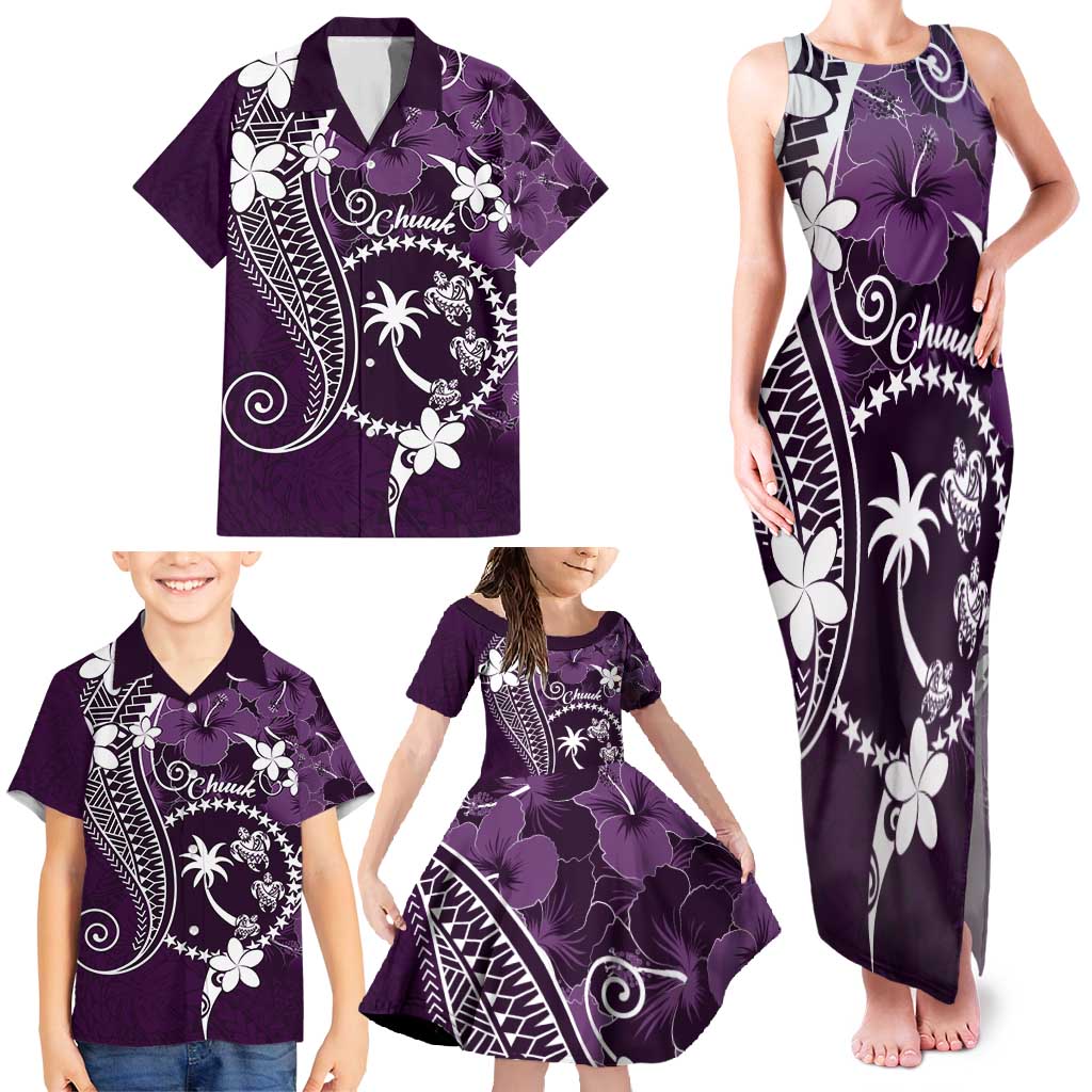 FSM Chuuk Family Matching Tank Maxi Dress and Hawaiian Shirt Turtle Tropical Flowers Polynesian - Purple LT14 - Polynesian Pride