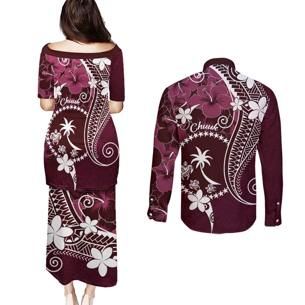 FSM Chuuk Couples Matching Puletasi and Long Sleeve Button Shirt Turtle Tropical Flowers Polynesian - Pink LT14 - Polynesian Pride