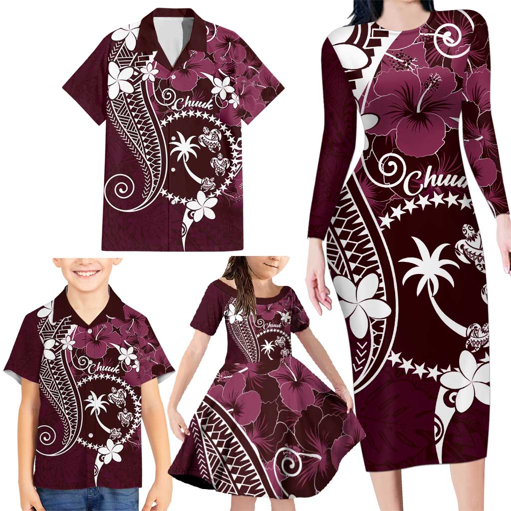 FSM Chuuk Family Matching Long Sleeve Bodycon Dress and Hawaiian Shirt Turtle Tropical Flowers Polynesian - Pink LT14 - Polynesian Pride