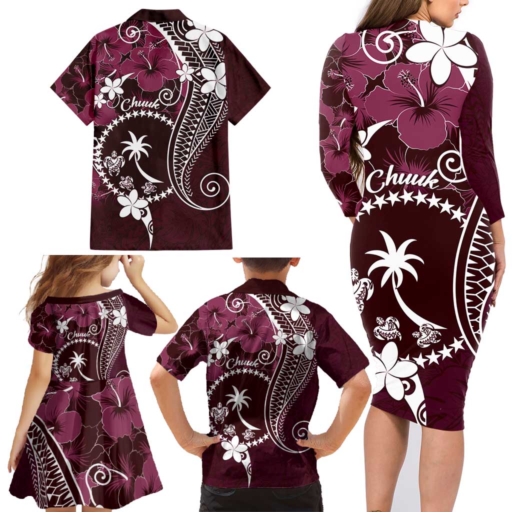 FSM Chuuk Family Matching Long Sleeve Bodycon Dress and Hawaiian Shirt Turtle Tropical Flowers Polynesian - Pink LT14 - Polynesian Pride