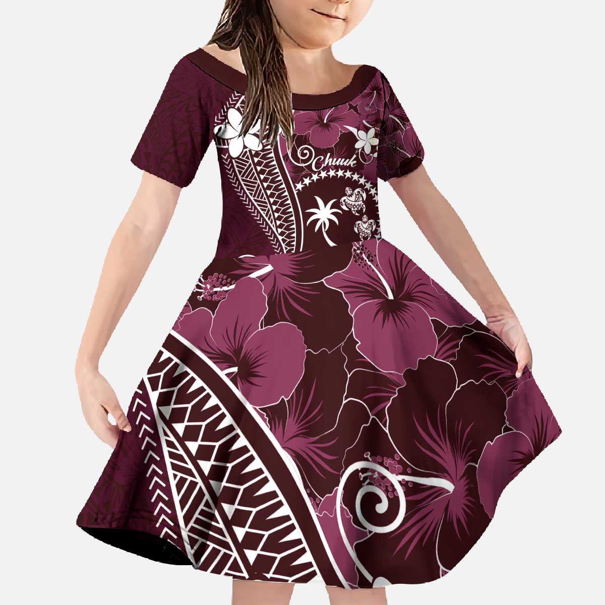 FSM Chuuk Family Matching Off The Shoulder Long Sleeve Dress and Hawaiian Shirt Turtle Tropical Flowers Polynesian - Pink LT14 Daughter's Dress Pink - Polynesian Pride