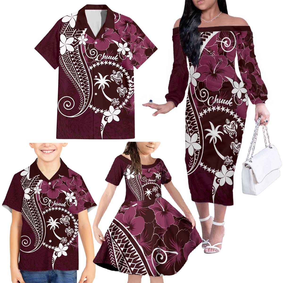 FSM Chuuk Family Matching Off The Shoulder Long Sleeve Dress and Hawaiian Shirt Turtle Tropical Flowers Polynesian - Pink LT14 - Polynesian Pride