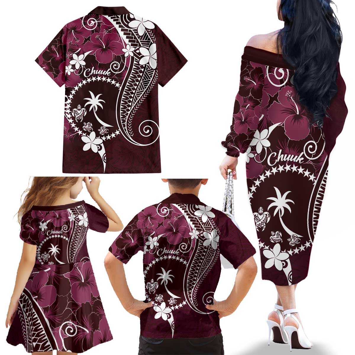 FSM Chuuk Family Matching Off The Shoulder Long Sleeve Dress and Hawaiian Shirt Turtle Tropical Flowers Polynesian - Pink LT14 - Polynesian Pride