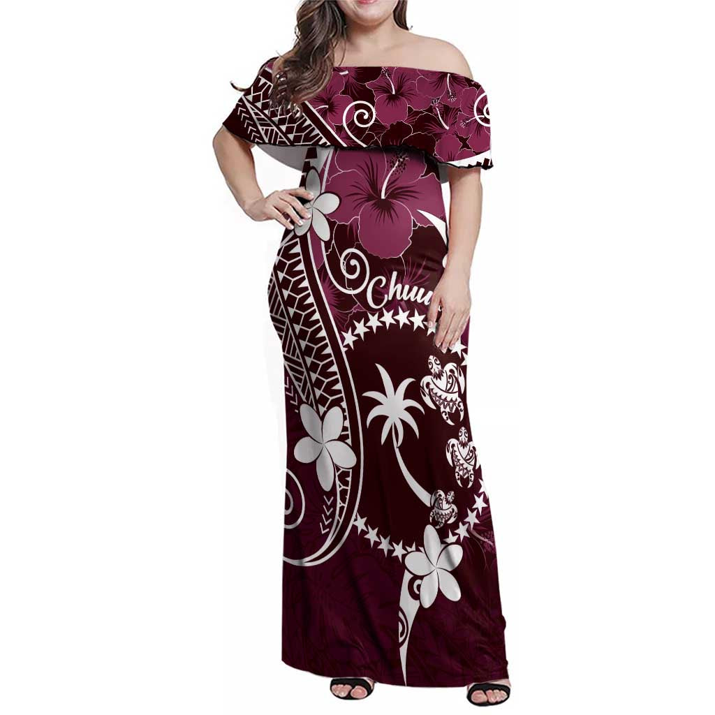 FSM Chuuk Family Matching Off Shoulder Maxi Dress and Hawaiian Shirt Turtle Tropical Flowers Polynesian - Pink LT14 Mom's Dress Pink - Polynesian Pride