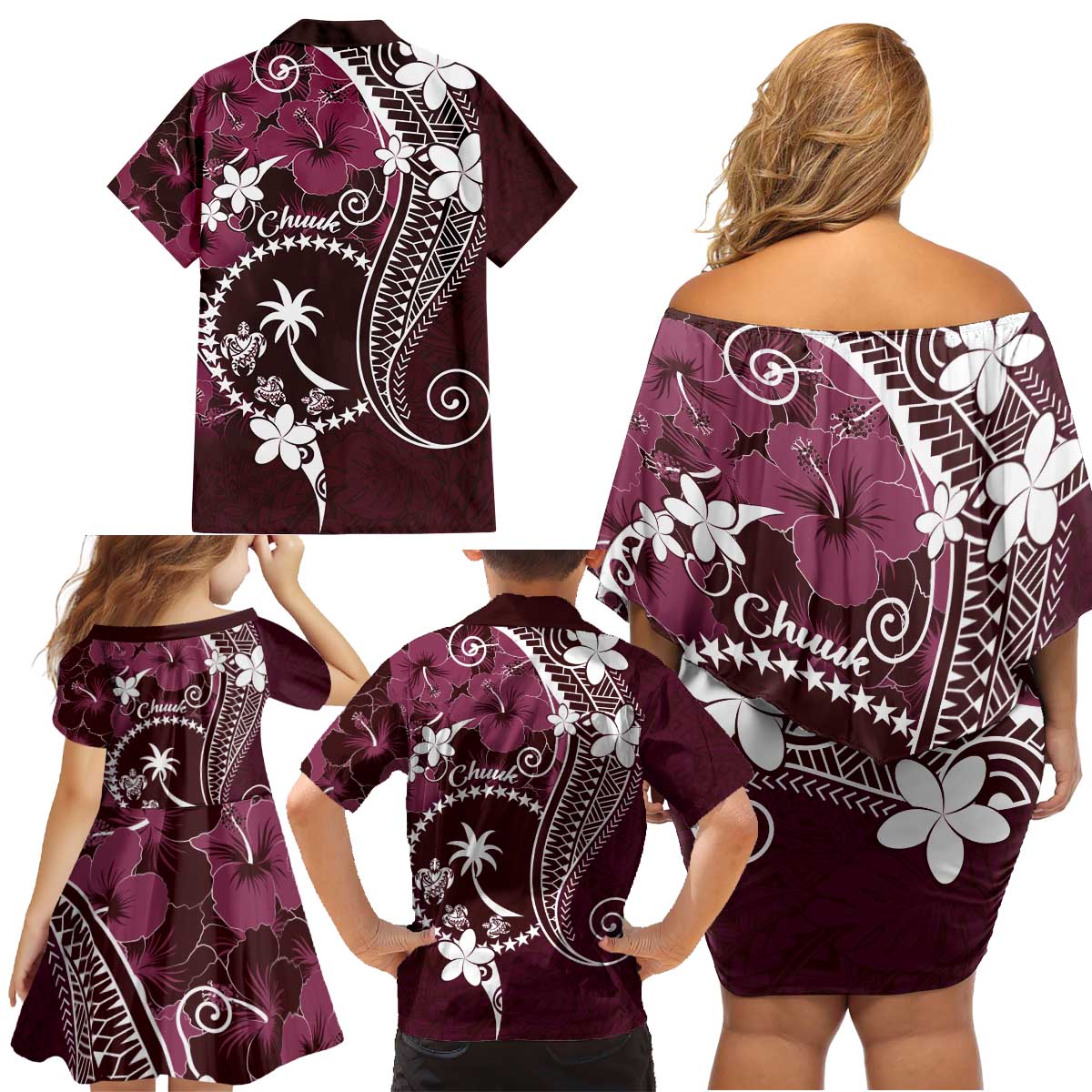 FSM Chuuk Family Matching Off Shoulder Short Dress and Hawaiian Shirt Turtle Tropical Flowers Polynesian - Pink LT14 - Polynesian Pride