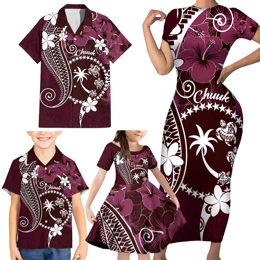 FSM Chuuk Family Matching Short Sleeve Bodycon Dress and Hawaiian Shirt Turtle Tropical Flowers Polynesian - Pink LT14 - Polynesian Pride