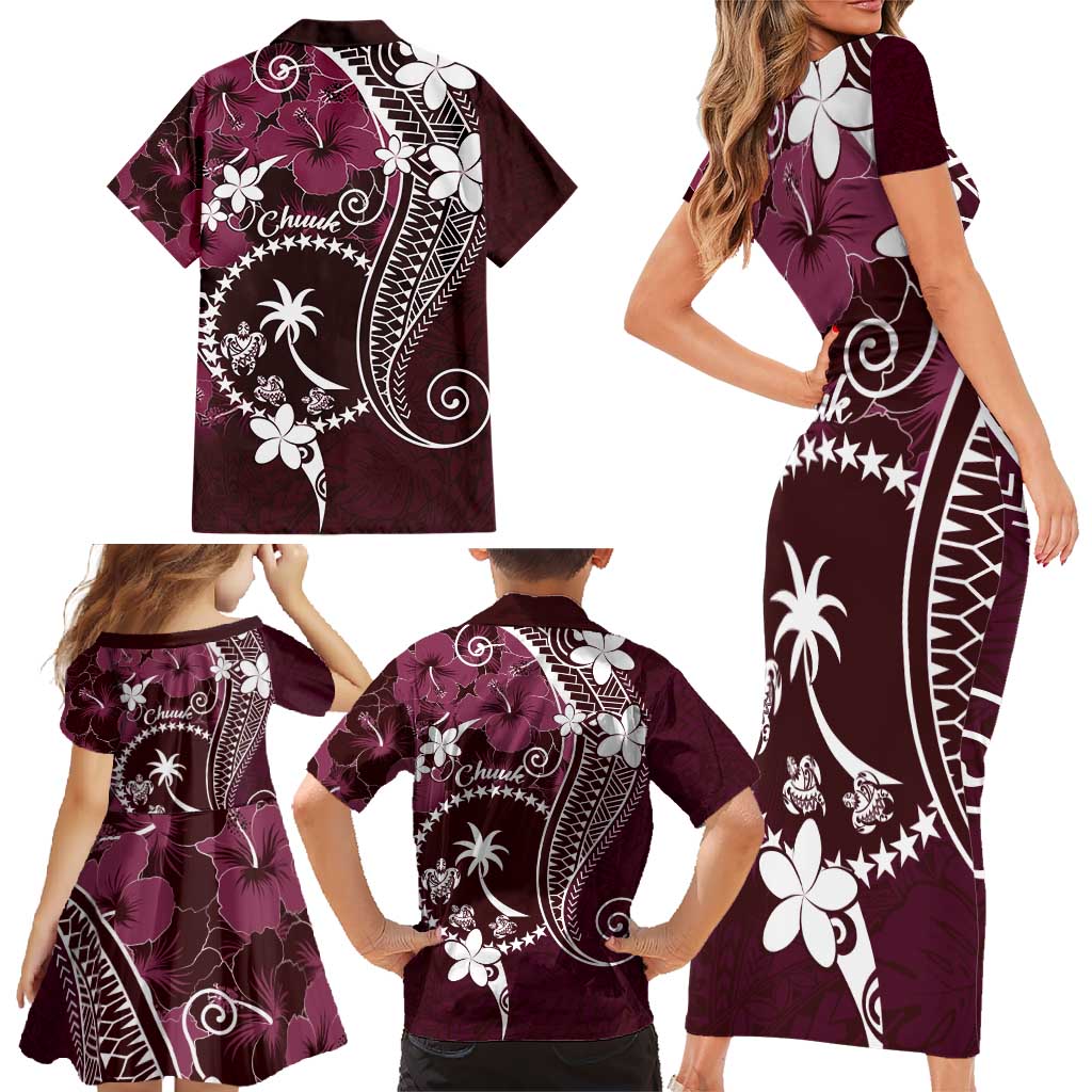 FSM Chuuk Family Matching Short Sleeve Bodycon Dress and Hawaiian Shirt Turtle Tropical Flowers Polynesian - Pink LT14 - Polynesian Pride