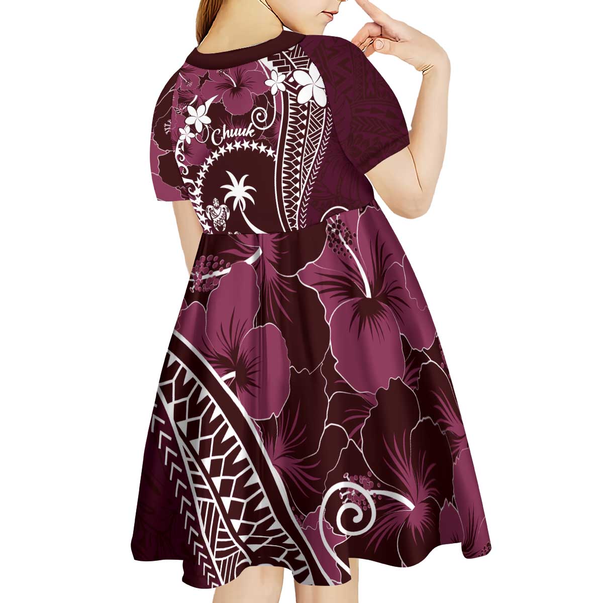 FSM Chuuk Kid Short Sleeve Dress Turtle Tropical Flowers Polynesian - Pink