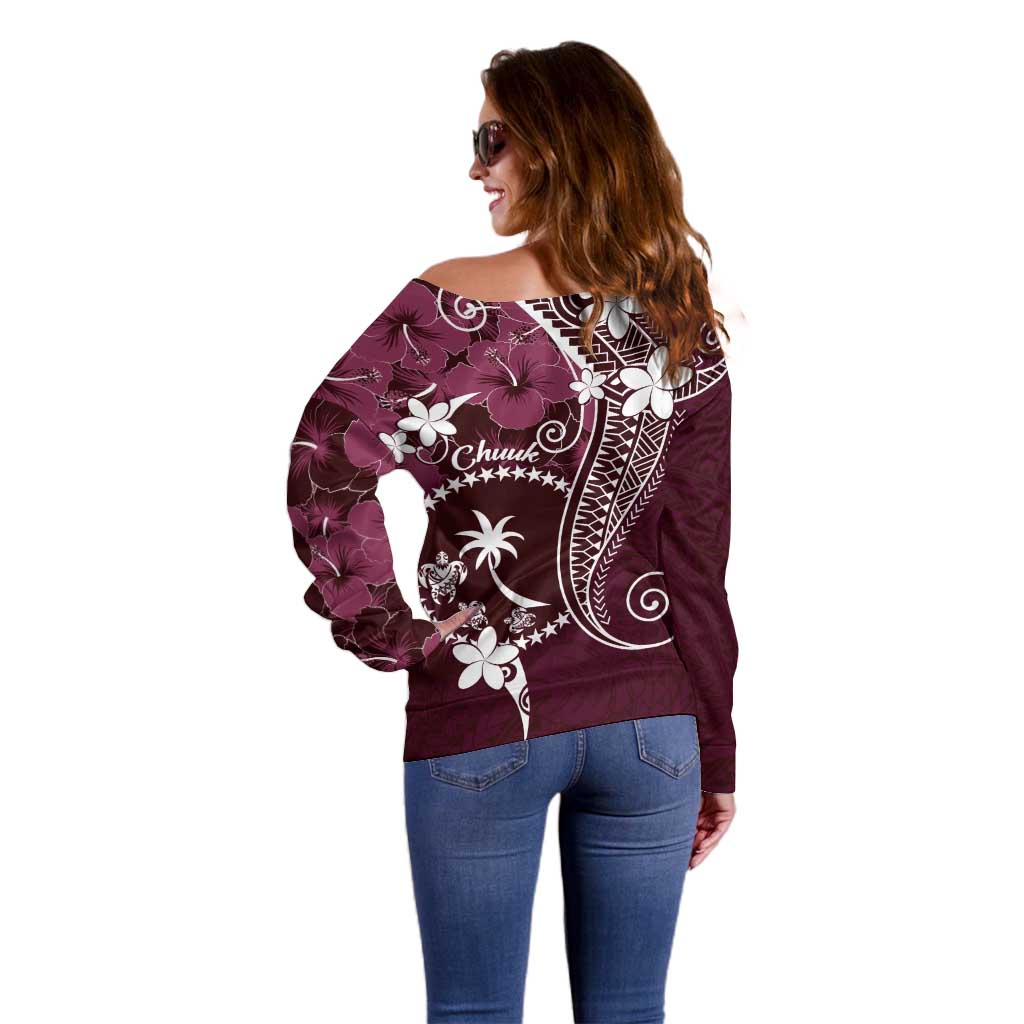 FSM Chuuk Off Shoulder Sweater Turtle Tropical Flowers Polynesian - Pink