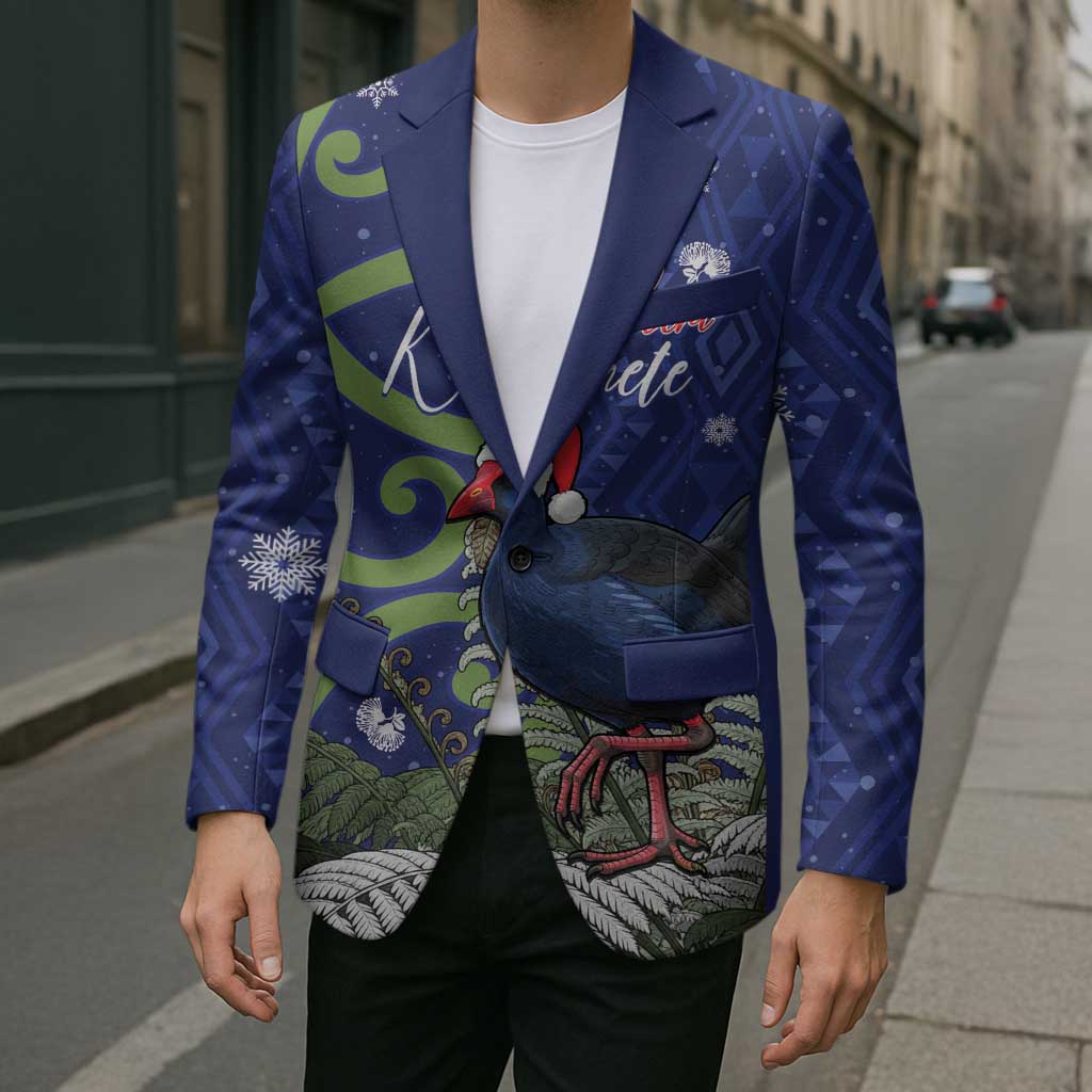 Personalized New Zealand Pukeko Christmas Blazer Meri Kirihimete Taniko Ponga Koru Blue LT14 - Polynesian Pride