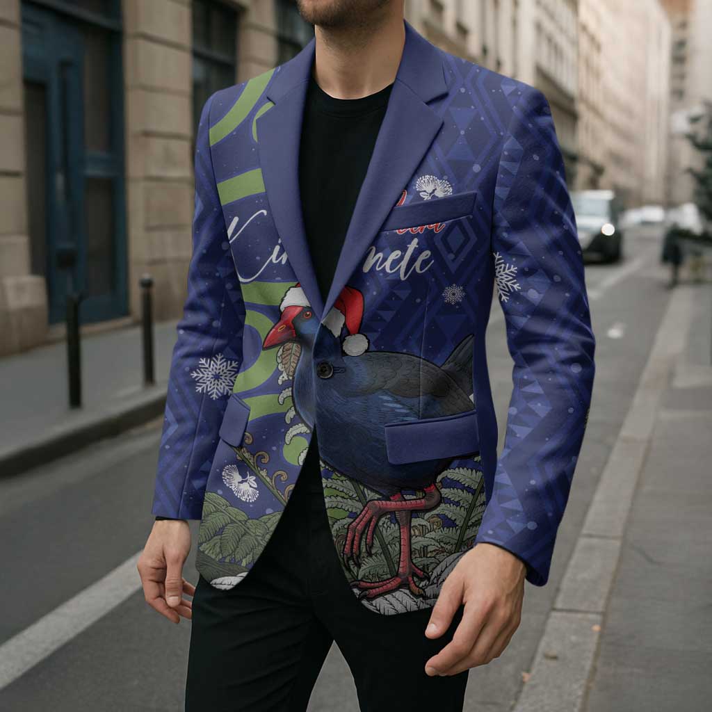Personalized New Zealand Pukeko Christmas Blazer Meri Kirihimete Taniko Ponga Koru Blue LT14 - Polynesian Pride
