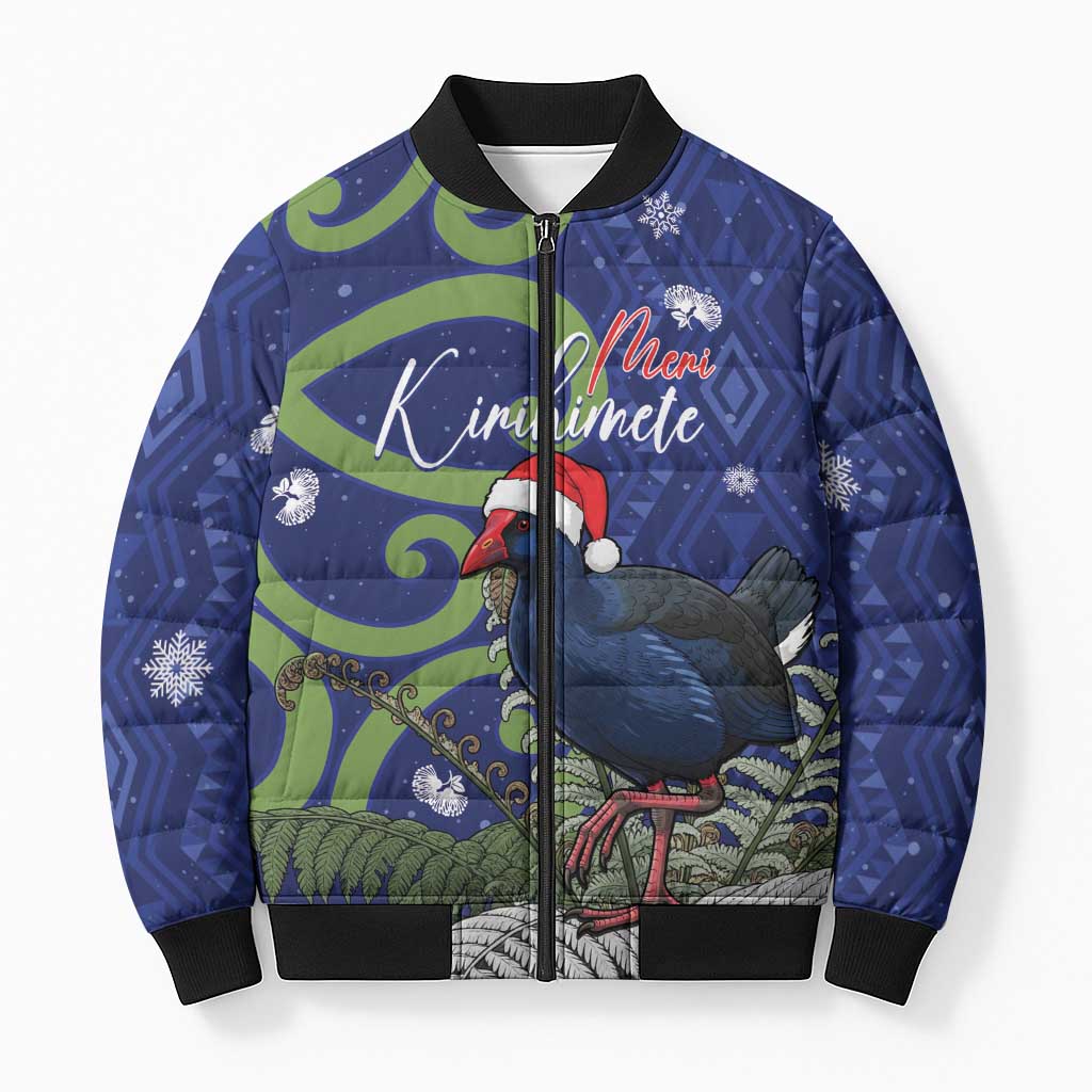 Personalized New Zealand Pukeko Christmas Bomber Puffer Jacket Meri Kirihimete Taniko Ponga Koru Blue - Polynesian Pride