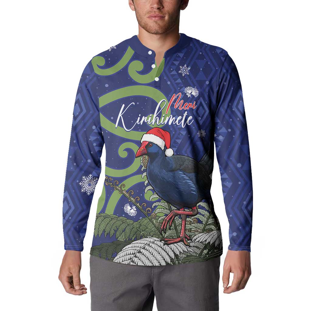 Personalized New Zealand Pukeko Christmas Button Sweatshirt Meri Kirihimete Taniko Ponga Koru Blue - Polynesian Pride