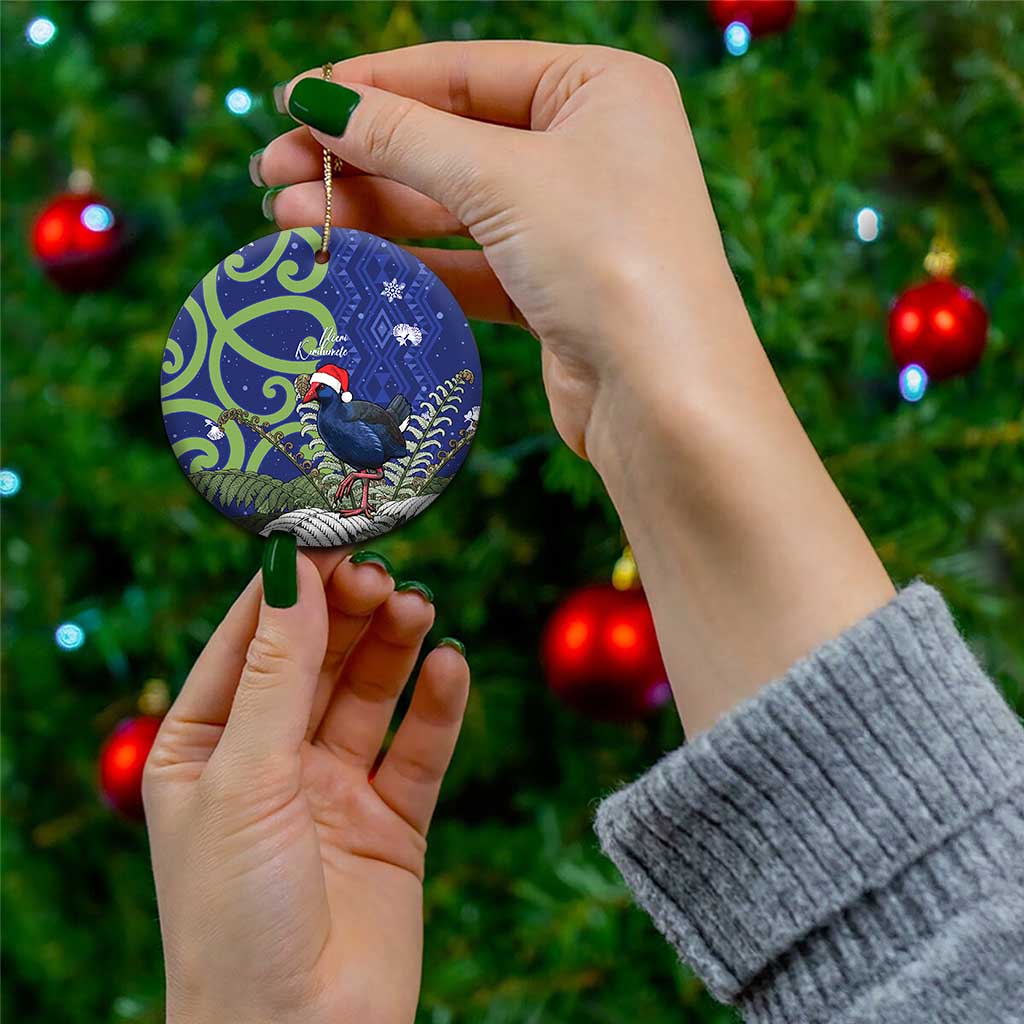 Personalized New Zealand Pukeko Christmas Ceramic Ornament Meri Kirihimete Taniko Ponga Koru Blue - Polynesian Pride