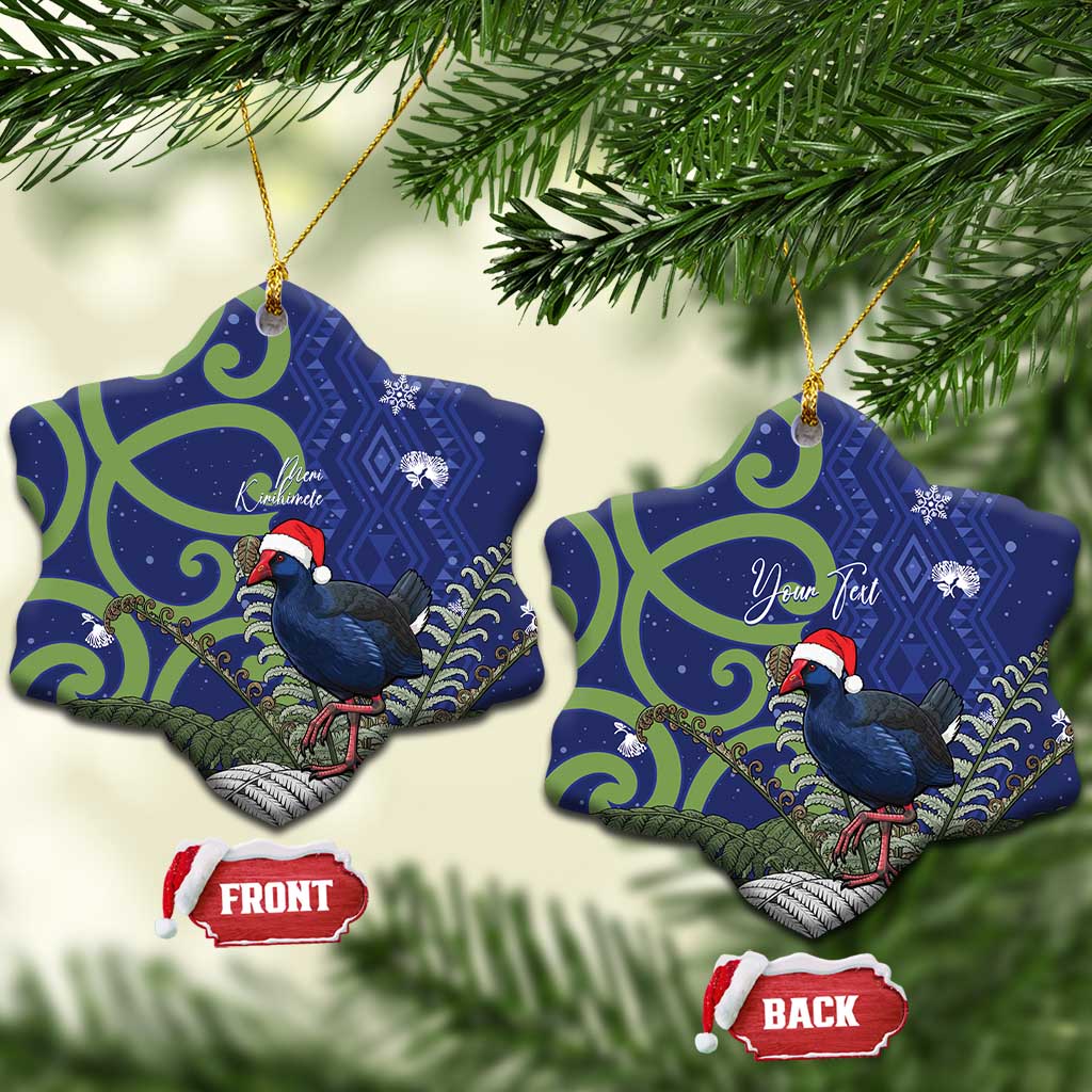 Personalized New Zealand Pukeko Christmas Ceramic Ornament Meri Kirihimete Taniko Ponga Koru Blue - Polynesian Pride