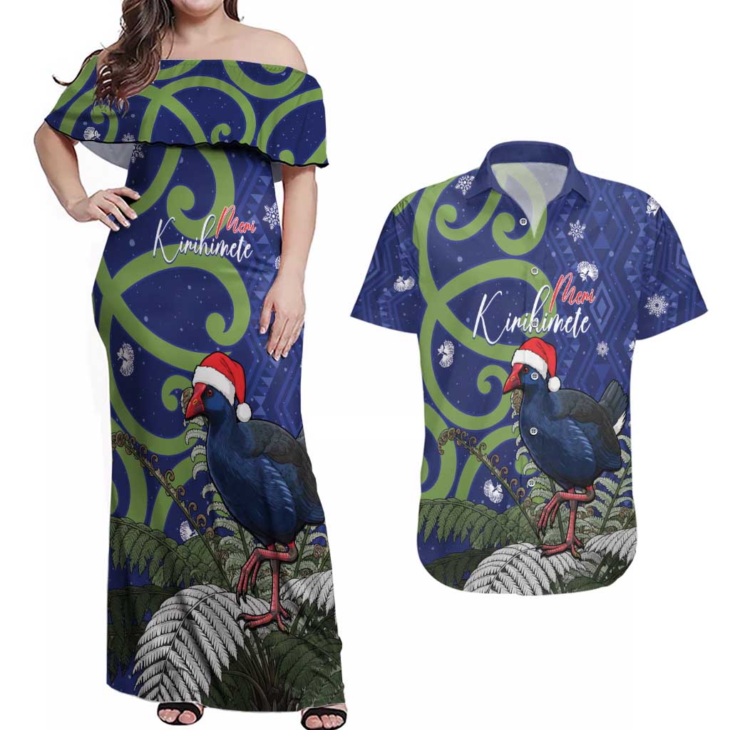 Personalized New Zealand Pukeko Christmas Couples Matching Off Shoulder Maxi Dress and Hawaiian Shirt Meri Kirihimete Taniko Ponga Koru Blue - Polynesian Pride