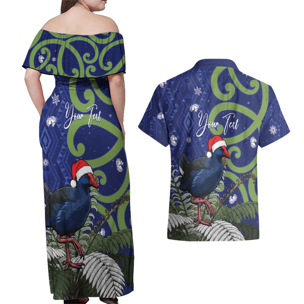 Personalized New Zealand Pukeko Christmas Couples Matching Off Shoulder Maxi Dress and Hawaiian Shirt Meri Kirihimete Taniko Ponga Koru Blue LT14 - Polynesian Pride