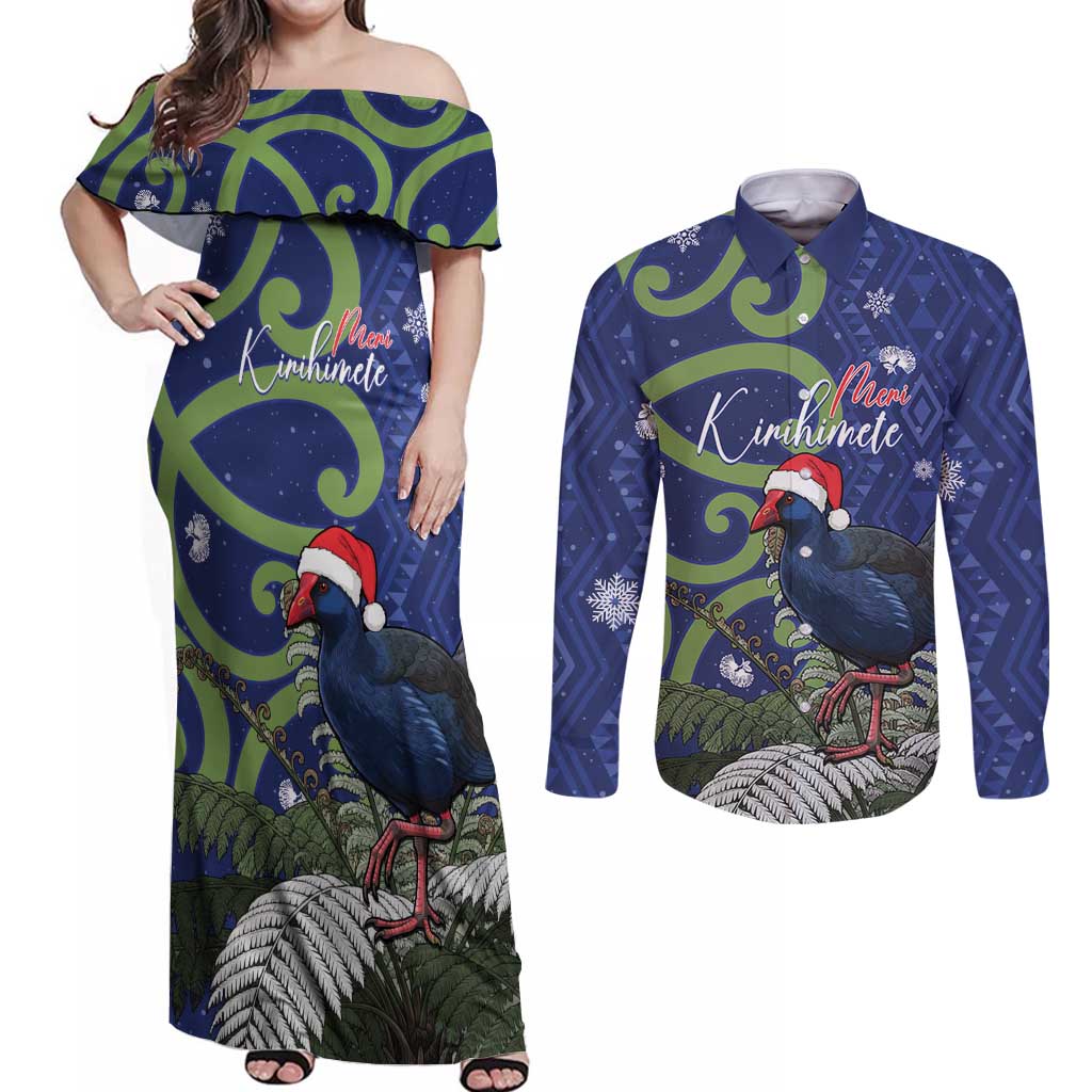 Personalized New Zealand Pukeko Christmas Couples Matching Off Shoulder Maxi Dress and Long Sleeve Button Shirt Meri Kirihimete Taniko Ponga Koru Blue - Polynesian Pride