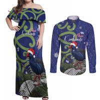 Personalized New Zealand Pukeko Christmas Couples Matching Off Shoulder Maxi Dress and Long Sleeve Button Shirt Meri Kirihimete Taniko Ponga Koru Blue - Polynesian Pride