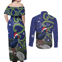 Personalized New Zealand Pukeko Christmas Couples Matching Off Shoulder Maxi Dress and Long Sleeve Button Shirt Meri Kirihimete Taniko Ponga Koru Blue - Polynesian Pride