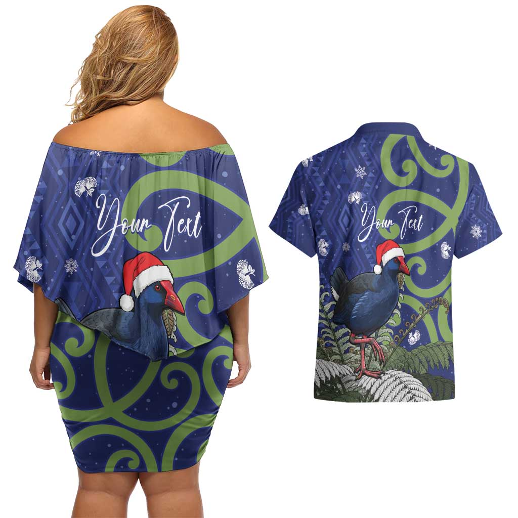 Personalized New Zealand Pukeko Christmas Couples Matching Off Shoulder Short Dress and Hawaiian Shirt Meri Kirihimete Taniko Ponga Koru Blue LT14 - Polynesian Pride