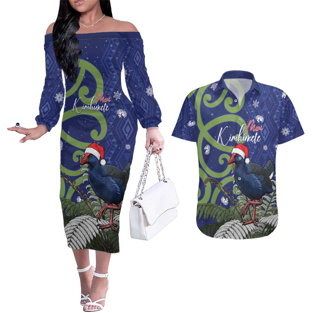 Personalized New Zealand Pukeko Christmas Couples Matching Off The Shoulder Long Sleeve Dress and Hawaiian Shirt Meri Kirihimete Taniko Ponga Koru Blue - Polynesian Pride
