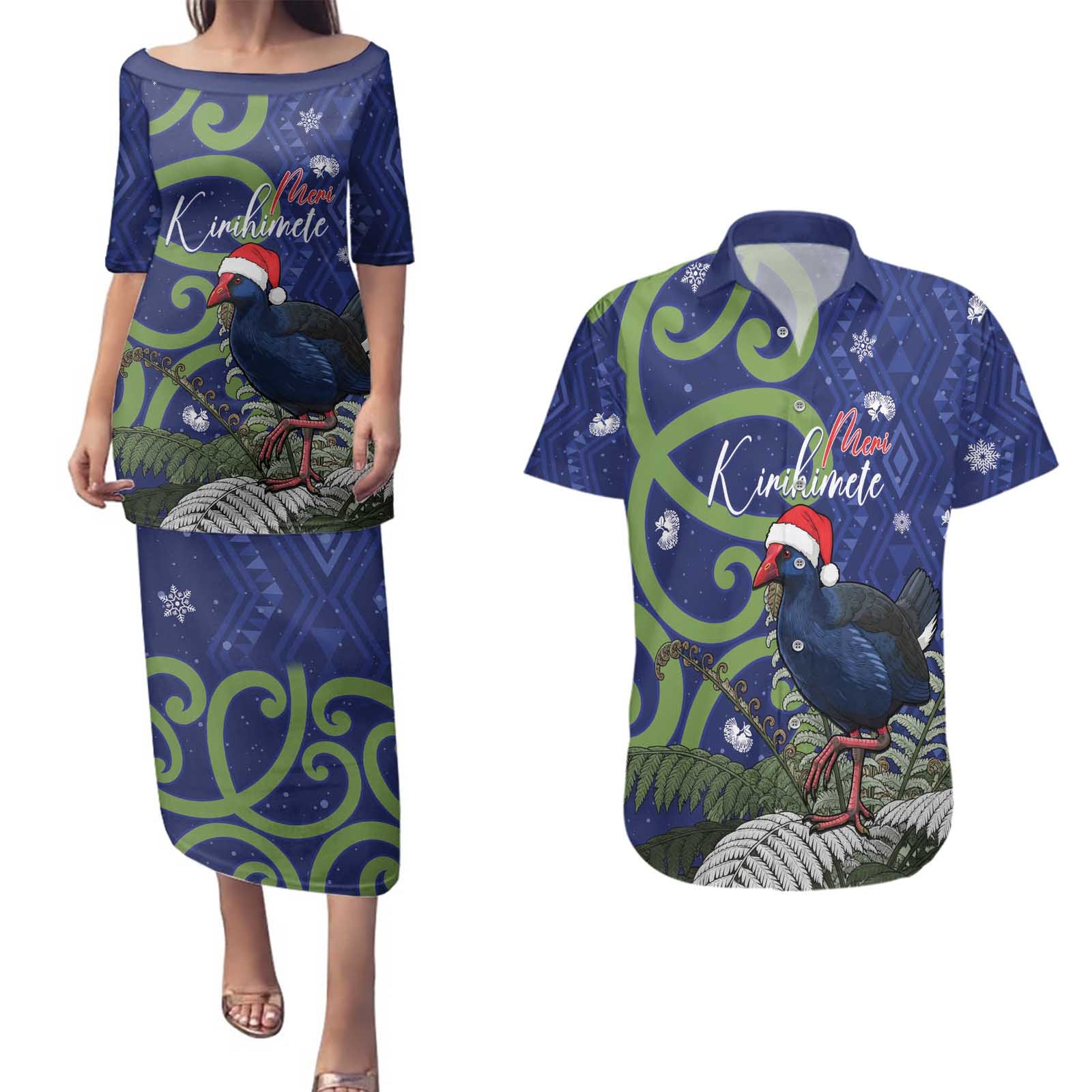 Personalized New Zealand Pukeko Christmas Couples Matching Puletasi and Hawaiian Shirt Meri Kirihimete Taniko Ponga Koru Blue - Polynesian Pride